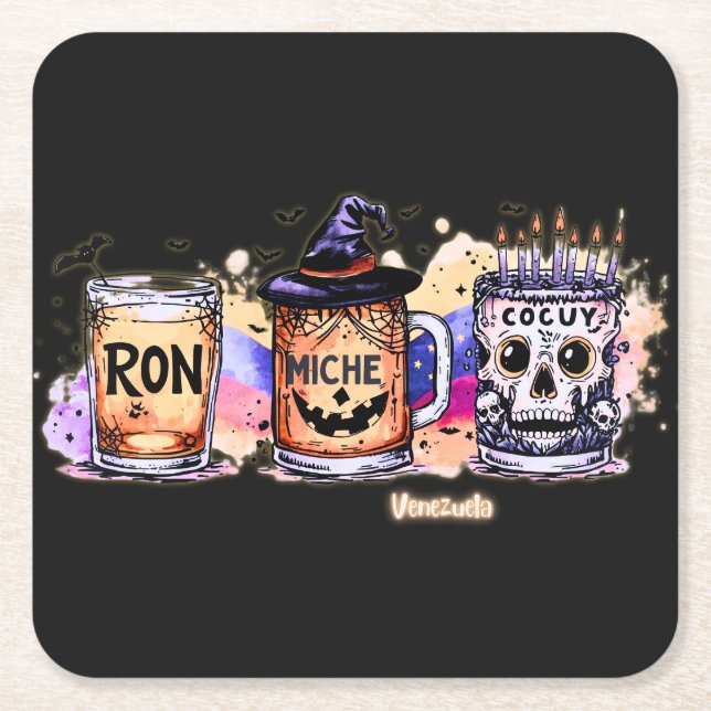 Posavasos Cuadrado De Papel Halloween Ron, Miche y Cocuy – Humor Venezolano (Anverso)