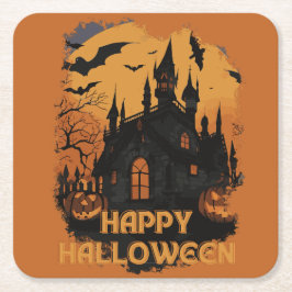 Posavasos Cuadrado De Papel Halloween-Schloss unter Mondlicht