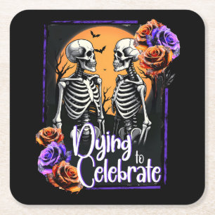 Posavasos Cuadrado De Papel Halloween Skeleton Flower Moon se muere para celeb