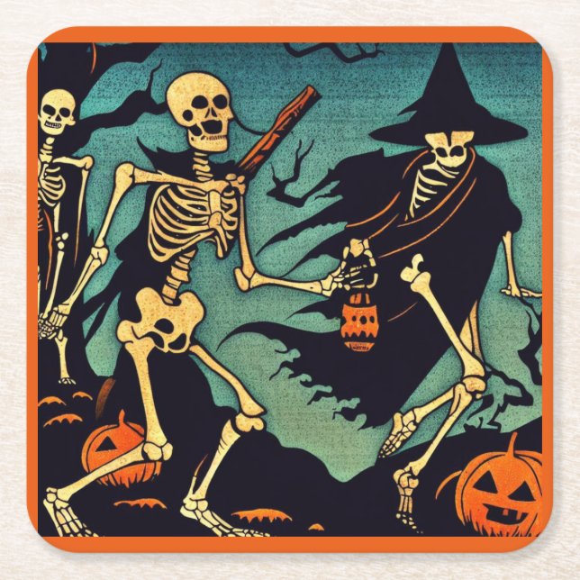 Posavasos Cuadrado De Papel Halloween - Skeletons Woodcut 2 (Anverso)