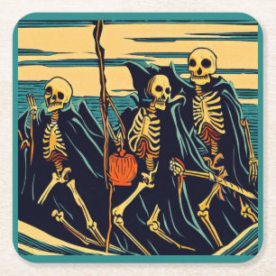 Posavasos Cuadrado De Papel Halloween - Skeletons Woodcut 3