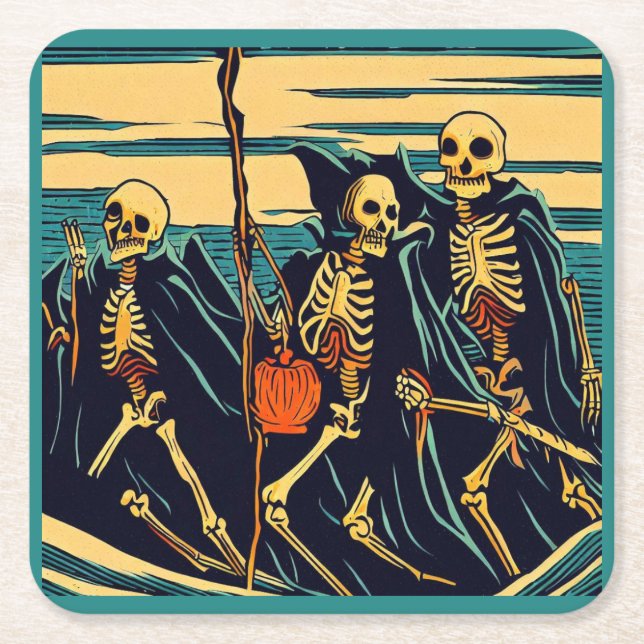 Posavasos Cuadrado De Papel Halloween - Skeletons Woodcut 3 (Anverso)