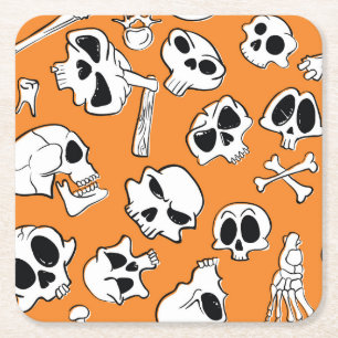 Posavasos Cuadrado De Papel Halloween Skulls Bones Doodle Pattern