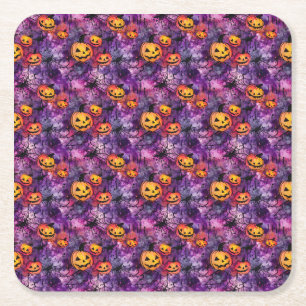 Posavasos Cuadrado De Papel Halloween Spider Web y Jack O Lantern