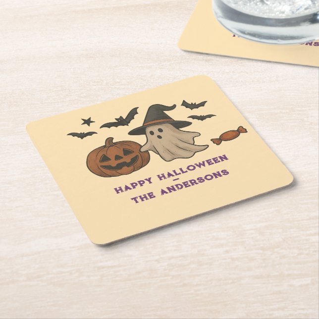 Posavasos Cuadrado De Papel Halloween Spooky Cute - Fantasmas, Bats & Candy (En perspectiva)