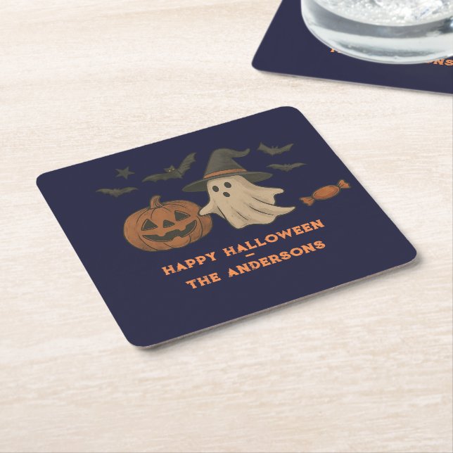 Posavasos Cuadrado De Papel Halloween Spooky Cute - Fantasmas, Bats & Candy (En perspectiva)