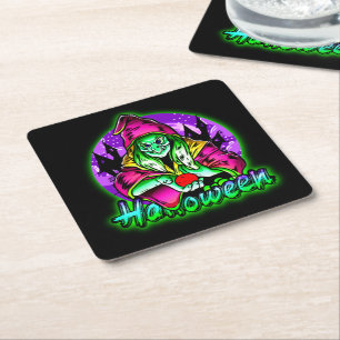 Posavasos Cuadrado De Papel Halloween Spooky Green Witch Magic Gorra Apple