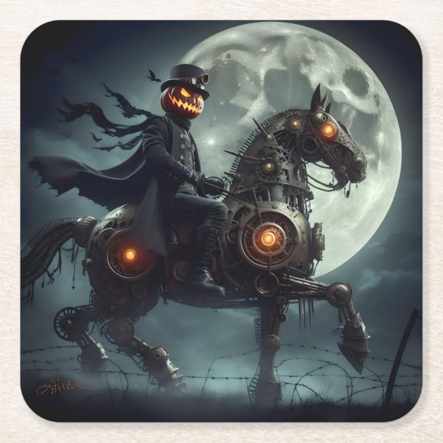 Posavasos Cuadrado De Papel Halloween Steampunk Headless Horseman (Anverso)