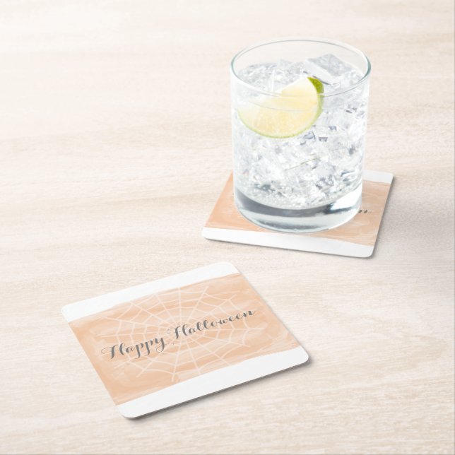 Posavasos Cuadrado De Papel Halloween web de araña acuarela naranja (In situ)