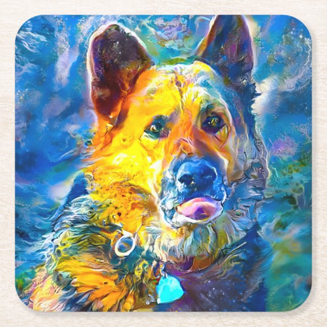 Posavasos Cuadrado De Papel Halo: Retrato de un pastor alemán (Anverso)