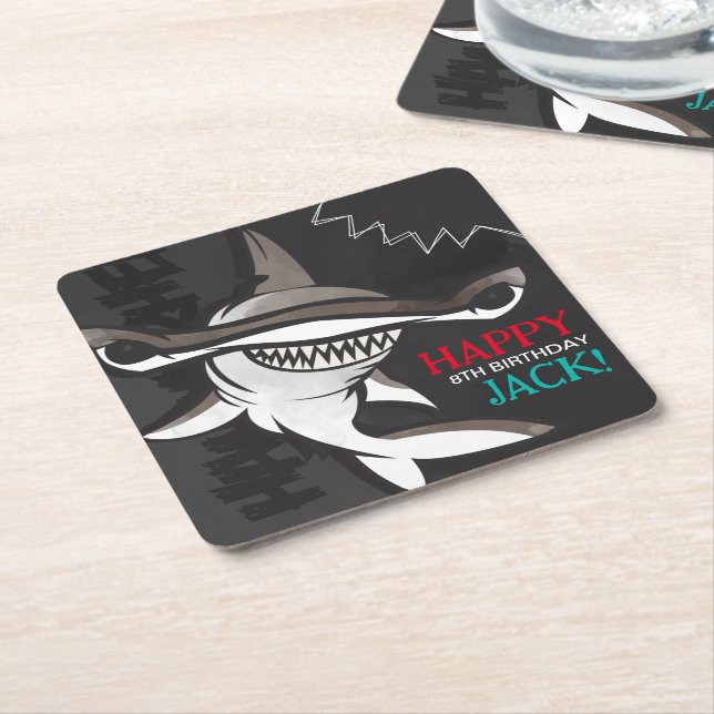 Posavasos Cuadrado De Papel Hammerhead Shark Birthday Party (En perspectiva)