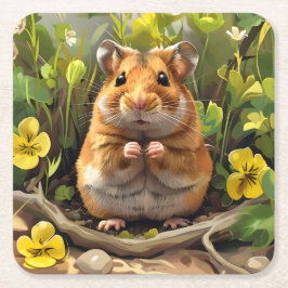 Posavasos Cuadrado De Papel Hamster Dorado Sirio En Un Campo De Flores