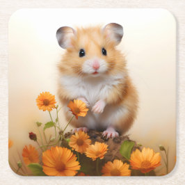 Posavasos Cuadrado De Papel Hamster Entre Flores Naranjas