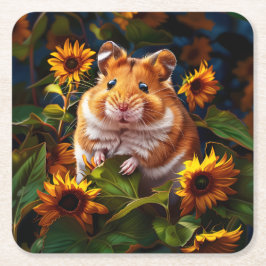 Posavasos Cuadrado De Papel Hamster entre girasoles