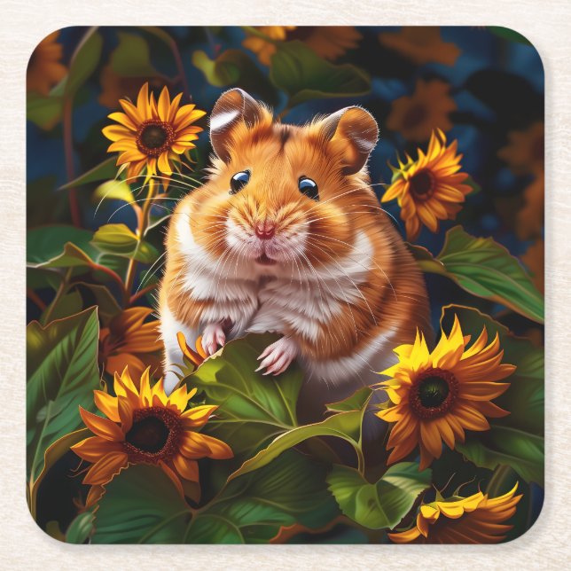 Posavasos Cuadrado De Papel Hamster entre girasoles