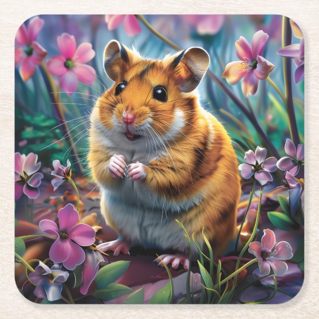 Posavasos Cuadrado De Papel Hámster entre las flores rosadas (Anverso)