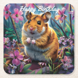 Posavasos Cuadrado De Papel Hámster entre las flores rosadas Cumpleaños