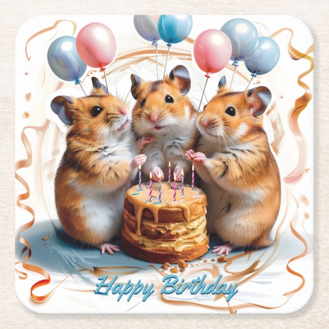 Posavasos Cuadrado De Papel Hamsters Birthday Party (Anverso)