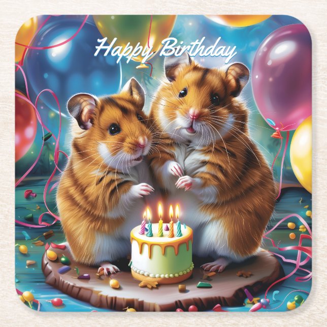 Posavasos Cuadrado De Papel Hamsters Birthday Party (Anverso)