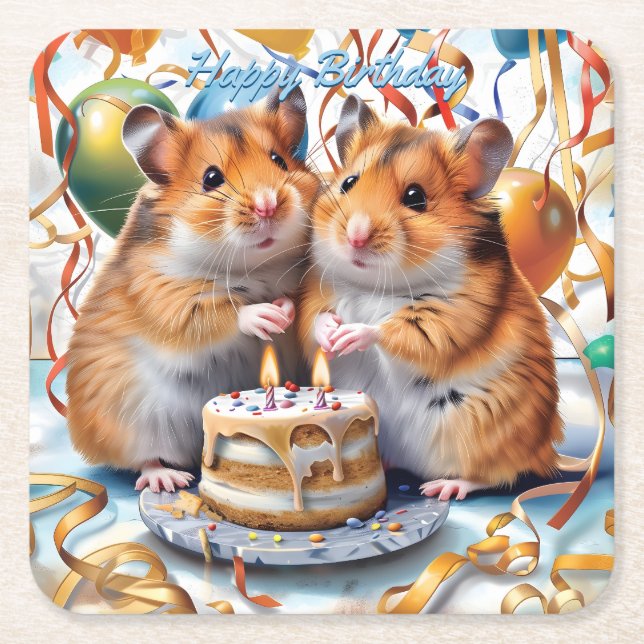 Posavasos Cuadrado De Papel Hamsters Birthday Party (Anverso)