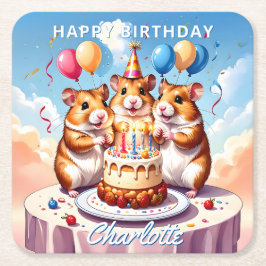 Posavasos Cuadrado De Papel Hamsters Birthday Party