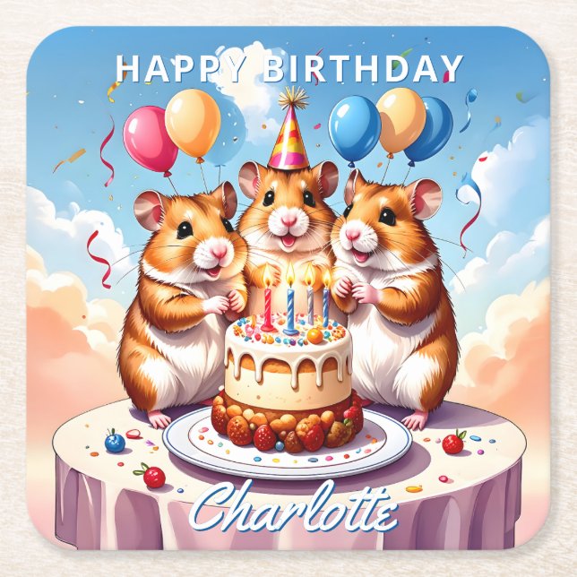Posavasos Cuadrado De Papel Hamsters Birthday Party (Anverso)
