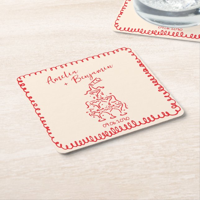 Posavasos Cuadrado De Papel Handwritten  retro Champagne Tower Wedding  (En perspectiva)