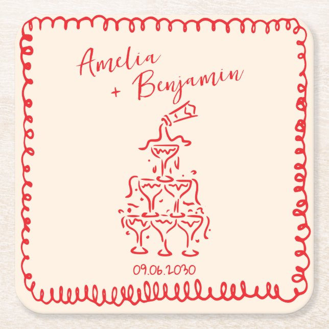 Posavasos Cuadrado De Papel Handwritten  retro Champagne Tower Wedding  (Anverso)