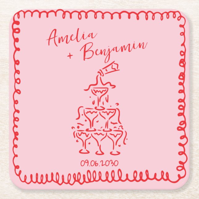 Posavasos Cuadrado De Papel Handwritten  retro Champagne Tower Wedding  (Anverso)