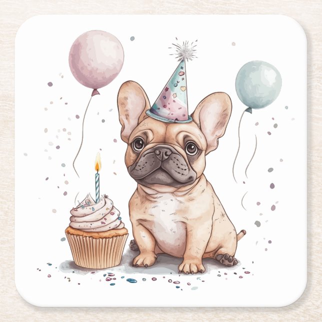 Posavasos Cuadrado De Papel Happy Birthday French Bulldog (Anverso)