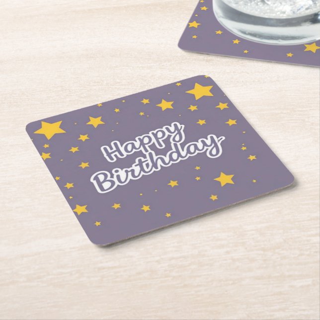 Posavasos Cuadrado De Papel Happy Birthday Gold Stars on Blue  (En perspectiva)