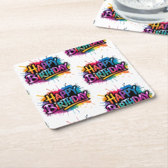 Posavasos Cuadrado De Papel Happy Birthday Graffiti Pink Coaster (En perspectiva)