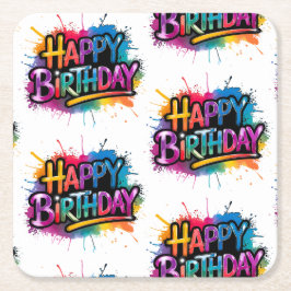 Posavasos Cuadrado De Papel Happy Birthday Graffiti Pink Coaster