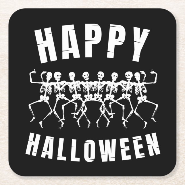 POSAVASOS CUADRADO DE PAPEL HAPPY HALLOWEEN DANCING SKELETONS (Anverso)