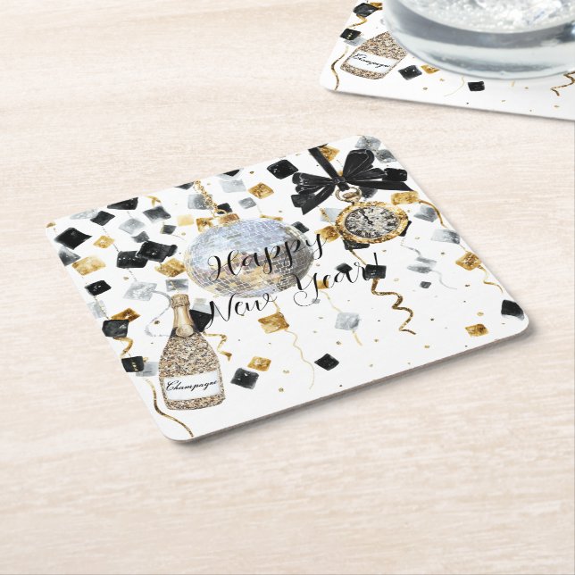 Posavasos Cuadrado De Papel Happy New Year Fireworks Ball Black Gold Confetti (En perspectiva)