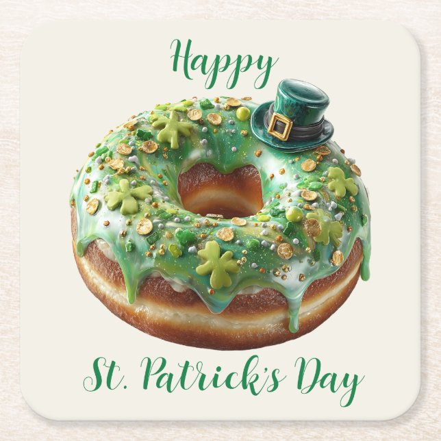 Posavasos Cuadrado De Papel Happy St. Patrick’s Day Donut with Leprechaun Hat (Anverso)