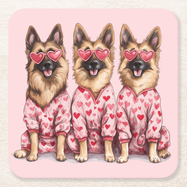 Posavasos Cuadrado De Papel Happy Valentines Day German Shepherd Dogs (Anverso)
