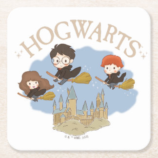 Posavasos Cuadrado De Papel HARRY POTTER™, Hermione y Ron vuelan sobre HOGWART