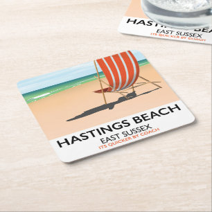 Posavasos Cuadrado De Papel Hastings Beach, poster de viajes en vintage de Eas