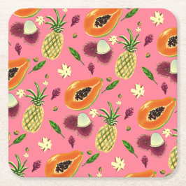 Posavasos Cuadrado De Papel Hawaiian Tropical Fruit Pattern Coaster Coral