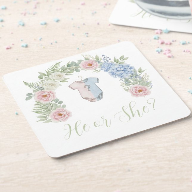 Posavasos Cuadrado De Papel He or She? Botanical Gender Reveal (Gender reveal party drink coaster)