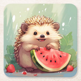 Posavasos Cuadrado De Papel Hedgehog disfrutando de una sandía