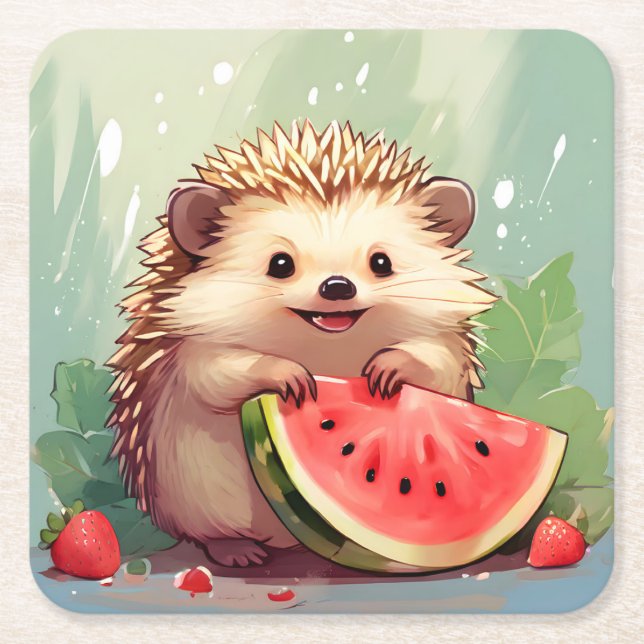 Posavasos Cuadrado De Papel Hedgehog disfrutando de una sandía (Anverso)
