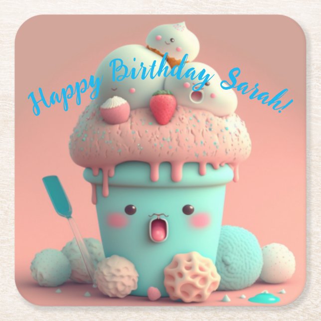 Posavasos Cuadrado De Papel Helado de Kawaii (Anverso)