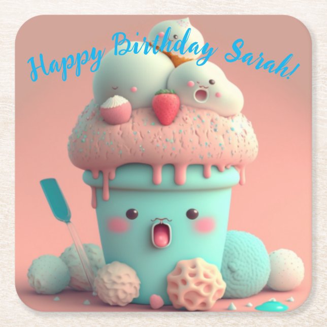 Posavasos Cuadrado De Papel Helado de Kawaii (Anverso)