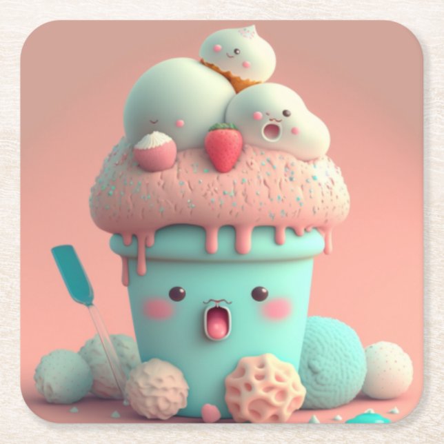 Posavasos Cuadrado De Papel Helado de Kawaii (Anverso)