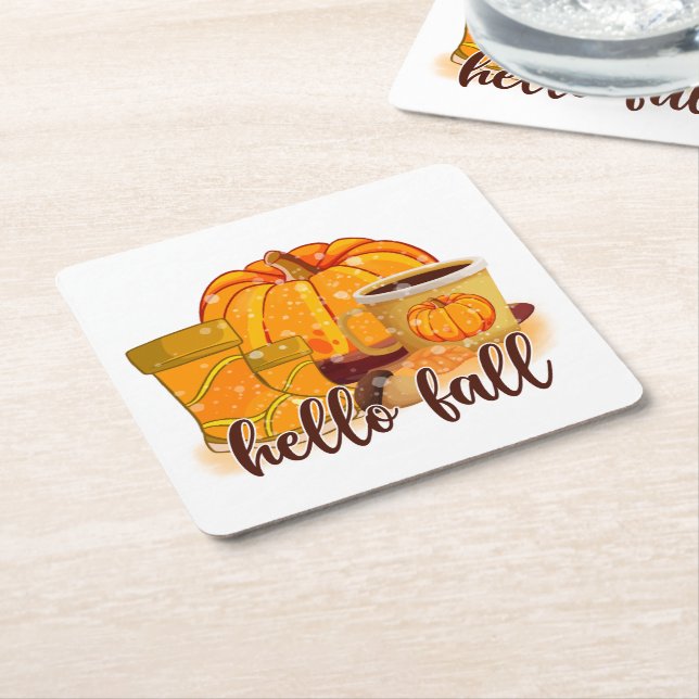 Posavasos Cuadrado De Papel Hello Fall Pumpkin & Boots Coaster (En perspectiva)