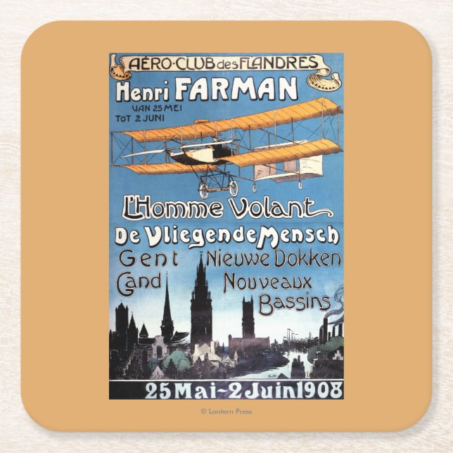 Posavasos Cuadrado De Papel Henry Farman vuela el poster del promo del hombre (Anverso)