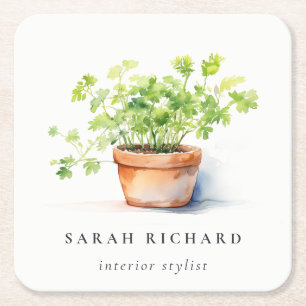 Posavasos Cuadrado De Papel Herb Potted Parsley Coriander Watercolor Botánico