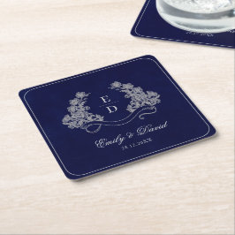 Posavasos Cuadrado De Papel Heritage Floral Crest Navy Monogram Paper Napkin